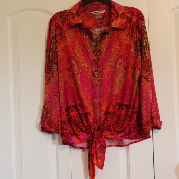 Nygard Bright Pink & Orange Paisley Front Tie Button Up Shirt Rolled Sleeve Lg - Picture 14 of 14